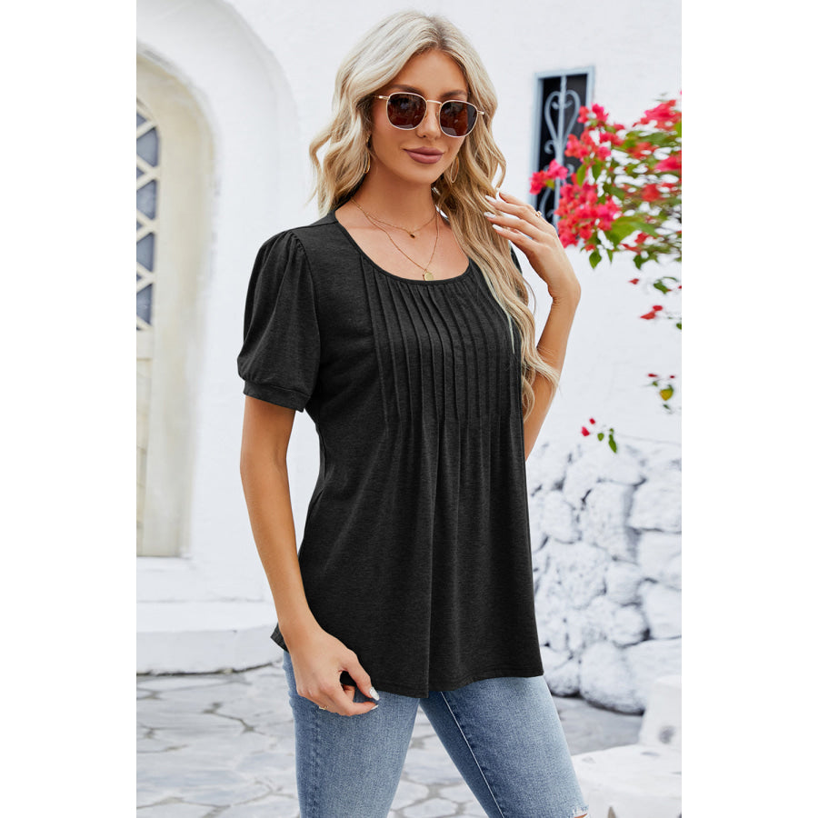 Ruched Scoop Neck Short Sleeve Blouse Apparel and Accessories