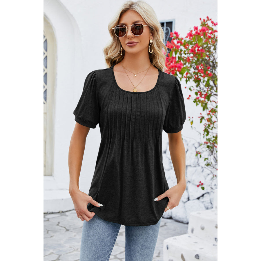 Ruched Scoop Neck Short Sleeve Blouse Apparel and Accessories