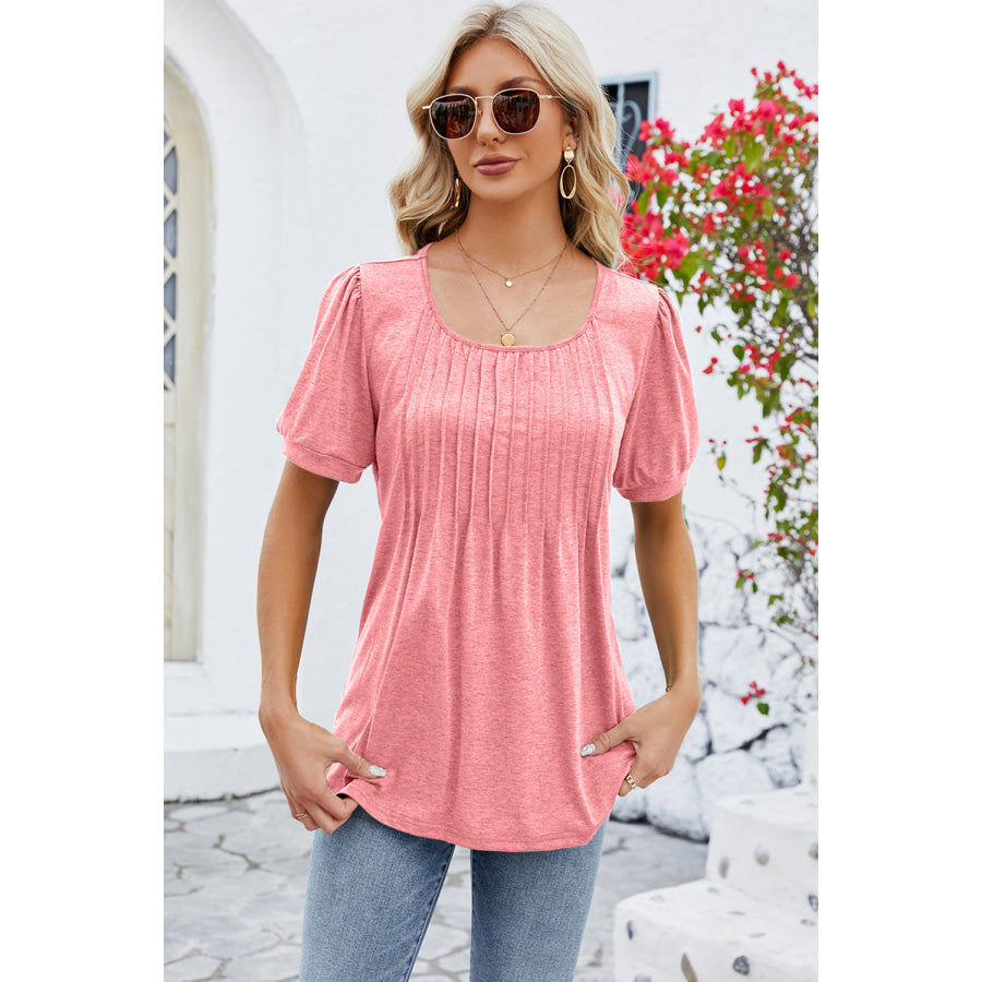 Ruched Scoop Neck Short Sleeve Blouse Apparel and Accessories