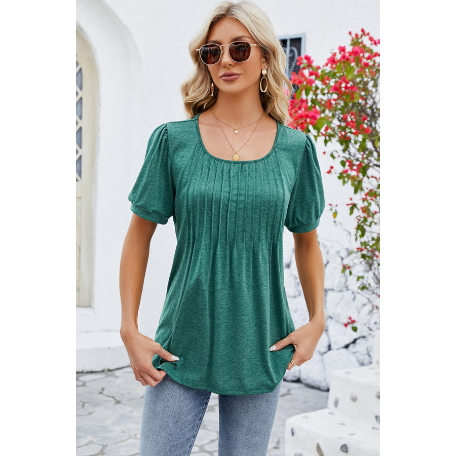 Ruched Scoop Neck Short Sleeve Blouse Apparel and Accessories