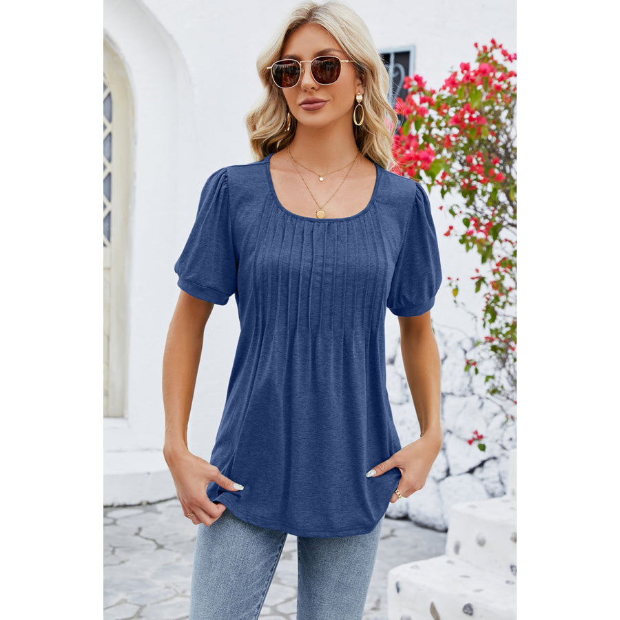 Ruched Scoop Neck Short Sleeve Blouse Apparel and Accessories