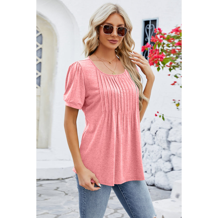 Ruched Scoop Neck Short Sleeve Blouse Coral / S Apparel and Accessories