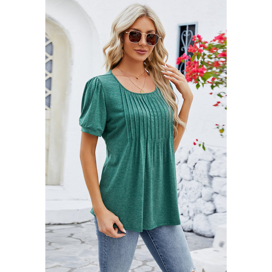 Ruched Scoop Neck Short Sleeve Blouse Green / S Apparel and Accessories