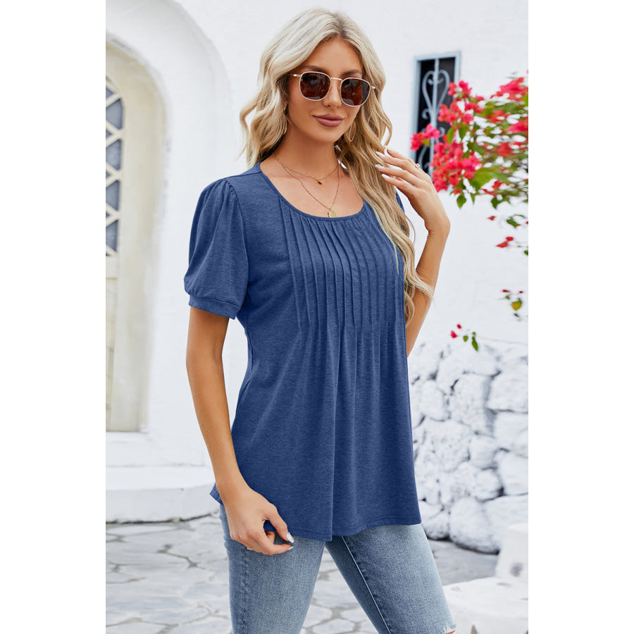 Ruched Scoop Neck Short Sleeve Blouse Peacock Blue / S Apparel and Accessories