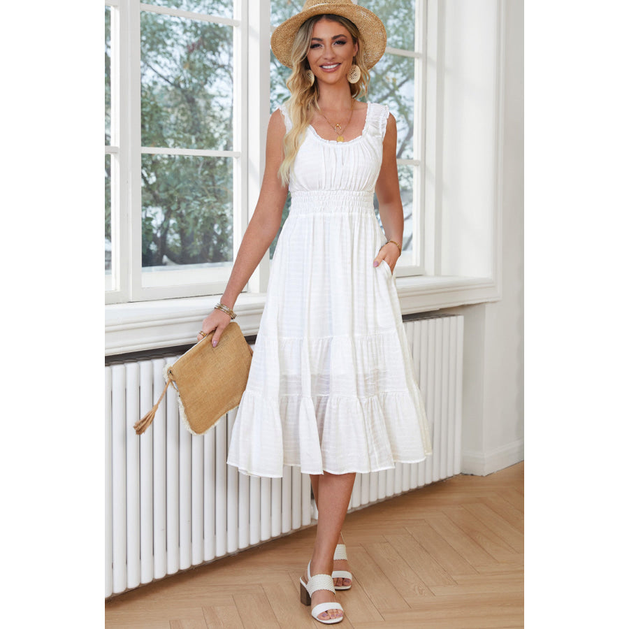 Ruched Scoop Neck Sleeveless Dress White / S Apparel and Accessories