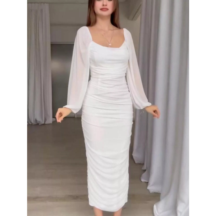 Ruched Sheer Long Sleeve Dress White / XS Apparel and Accessories