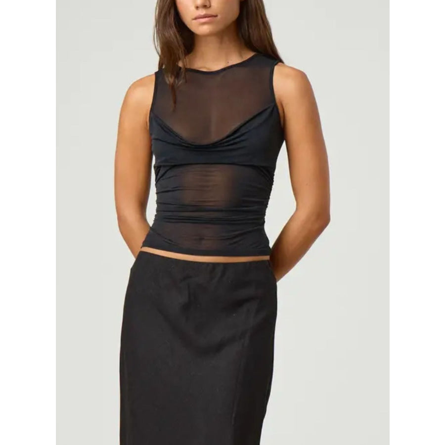 Ruched Sheer Round Neck Tank Black / S Apparel and Accessories