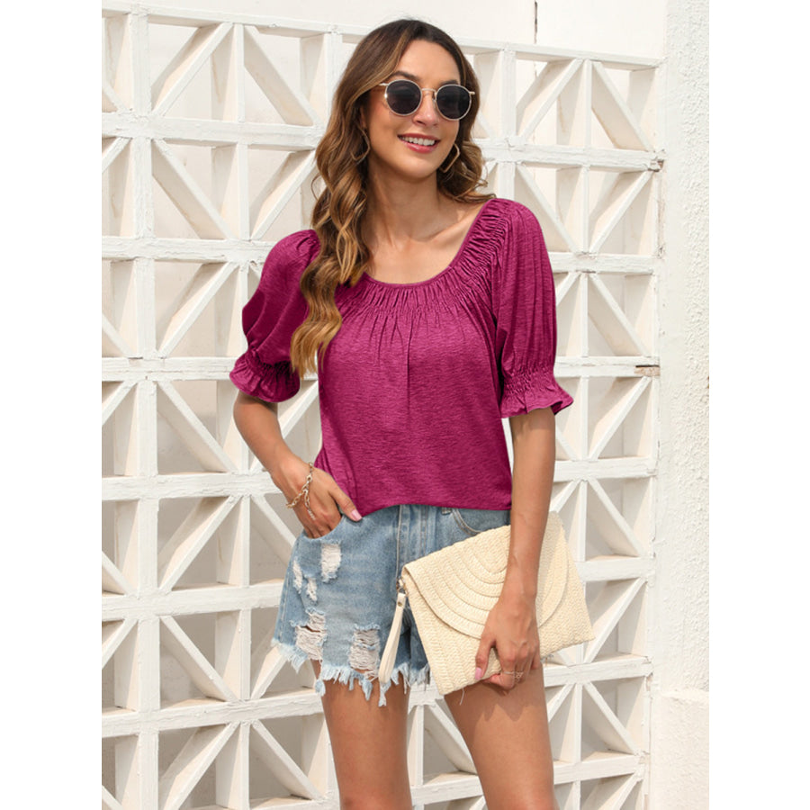 Ruched Short Sleeve Blouse Cerise / S Apparel and Accessories