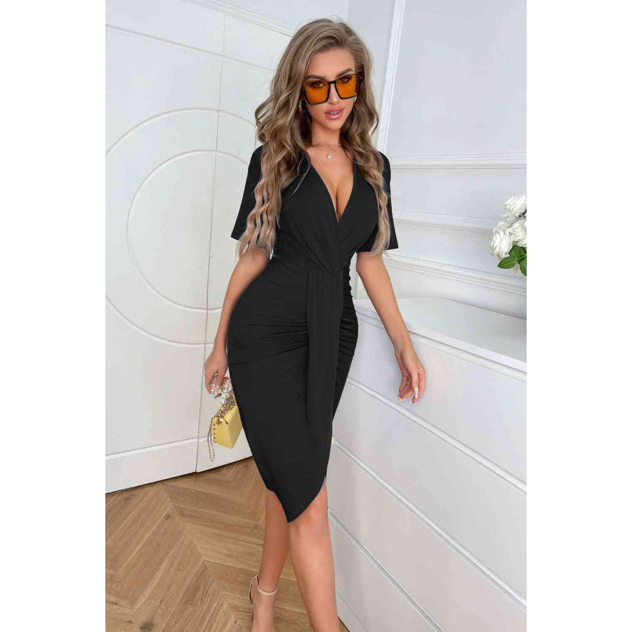 Ruched Short Sleeve Dress Black / S