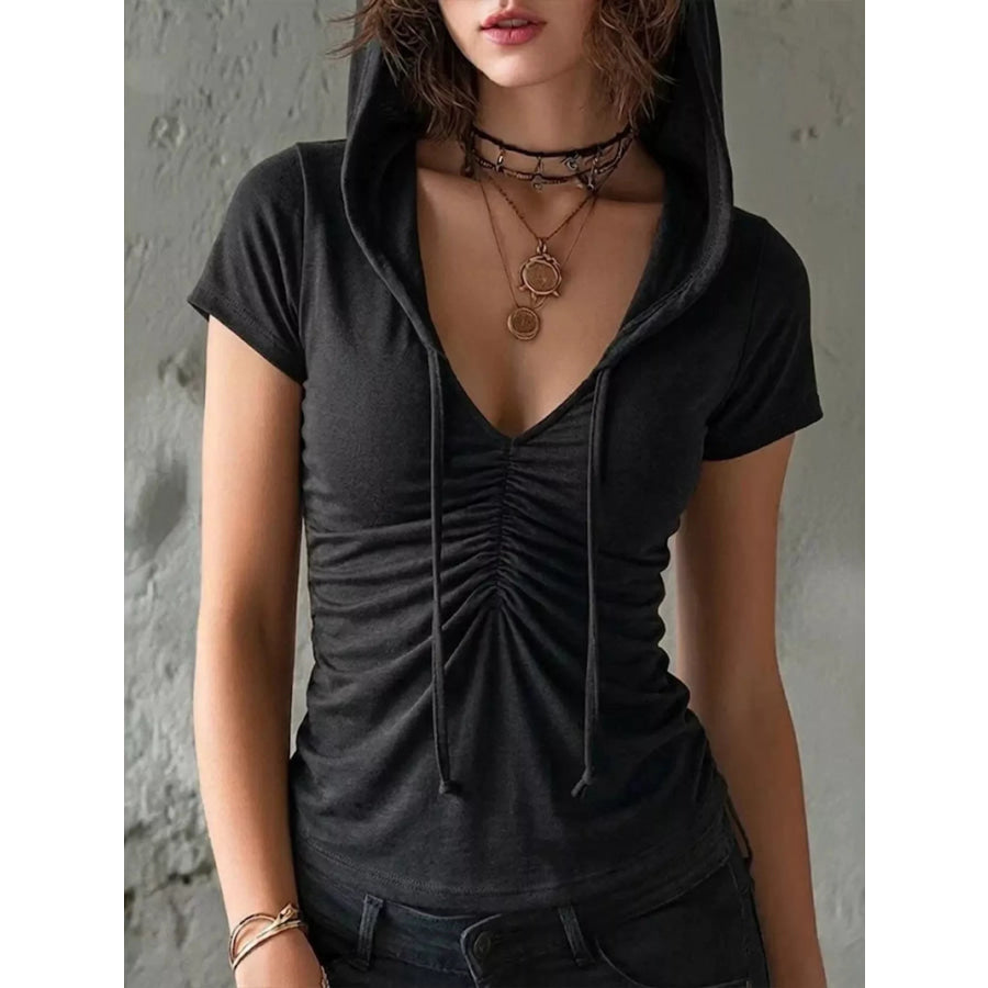 Ruched Short Sleeve Hooded T-Shirt Black / S Apparel and Accessories