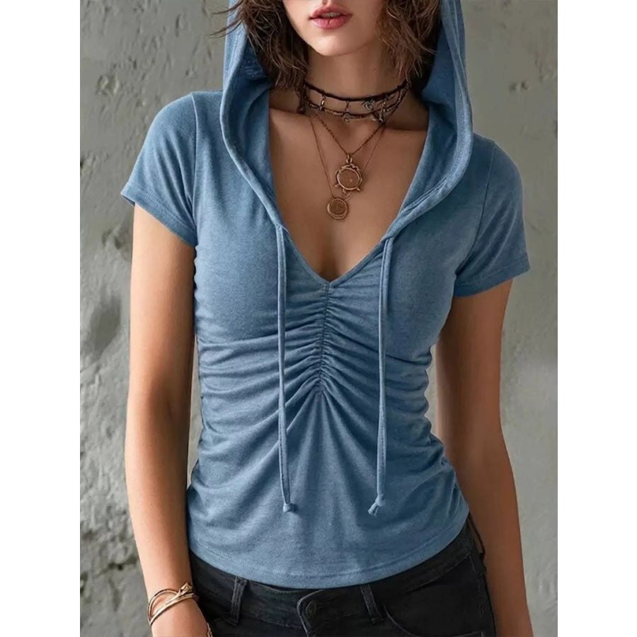 Ruched Short Sleeve Hooded T-Shirt Blue / S Apparel and Accessories