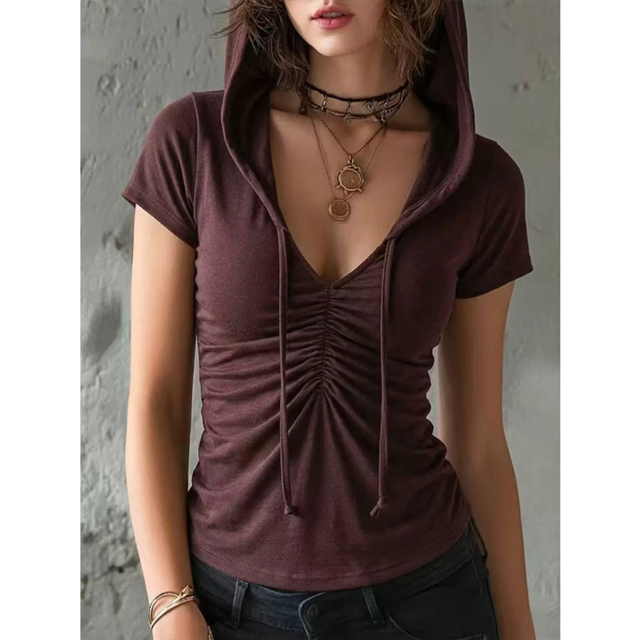 Ruched Short Sleeve Hooded T-Shirt Brown / S Apparel and Accessories