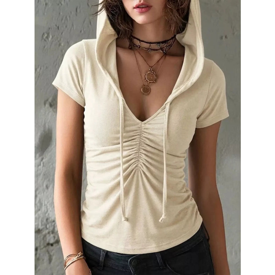 Ruched Short Sleeve Hooded T-Shirt Cream / S Apparel and Accessories