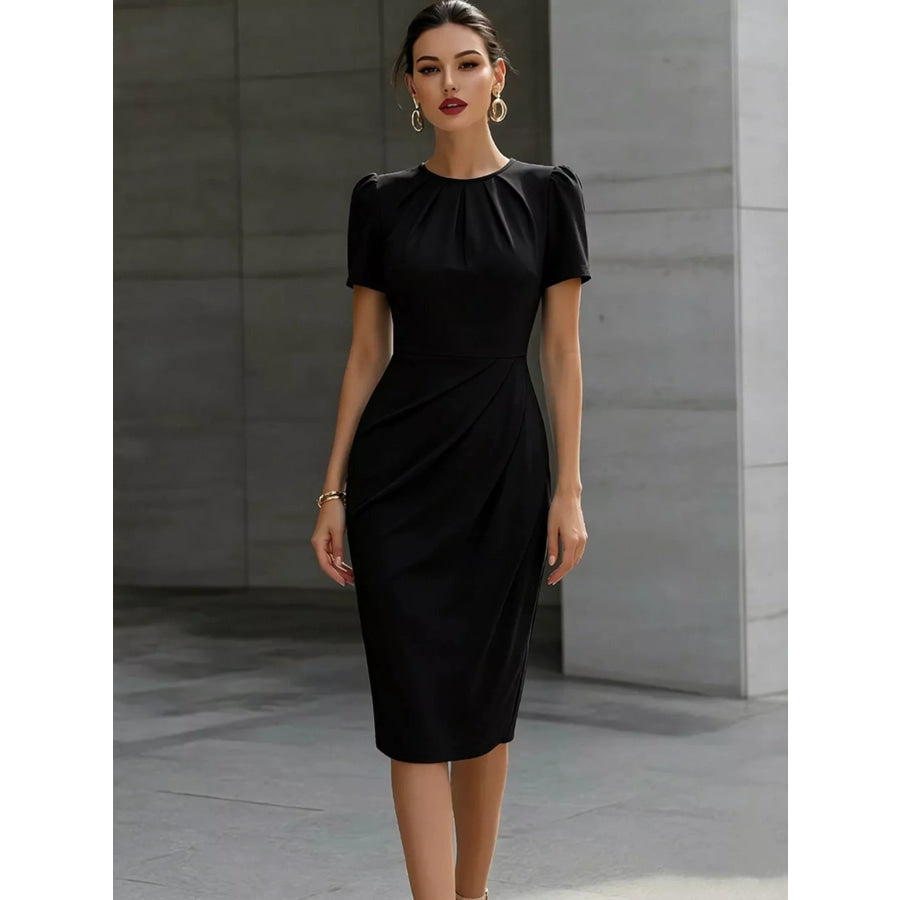 Ruched Short Sleeve Midi Dress Black / S Apparel and Accessories