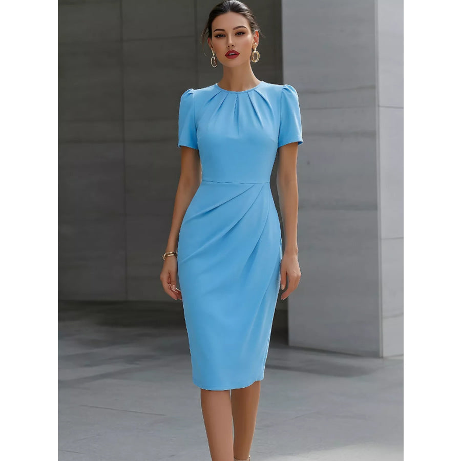 Ruched Short Sleeve Midi Dress Blue / S Apparel and Accessories