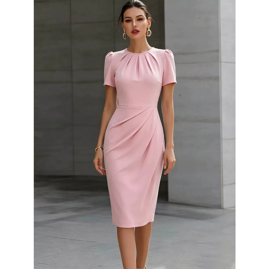 Ruched Short Sleeve Midi Dress Pink / S Apparel and Accessories