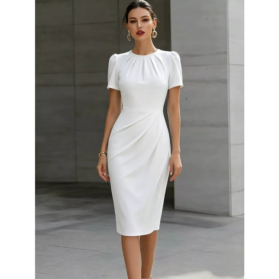 Ruched Short Sleeve Midi Dress White / S Apparel and Accessories