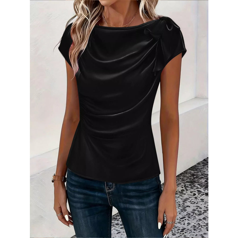 Ruched Short Sleeve Satin Top Black / S Apparel and Accessories