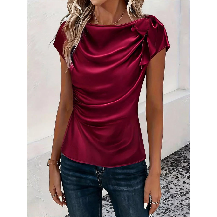 Ruched Short Sleeve Satin Top Burgundy / S Apparel and Accessories