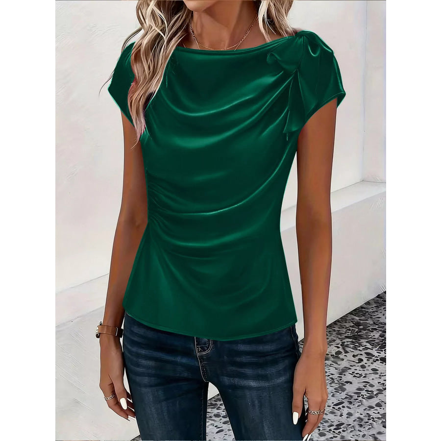 Ruched Short Sleeve Satin Top Green / S Apparel and Accessories