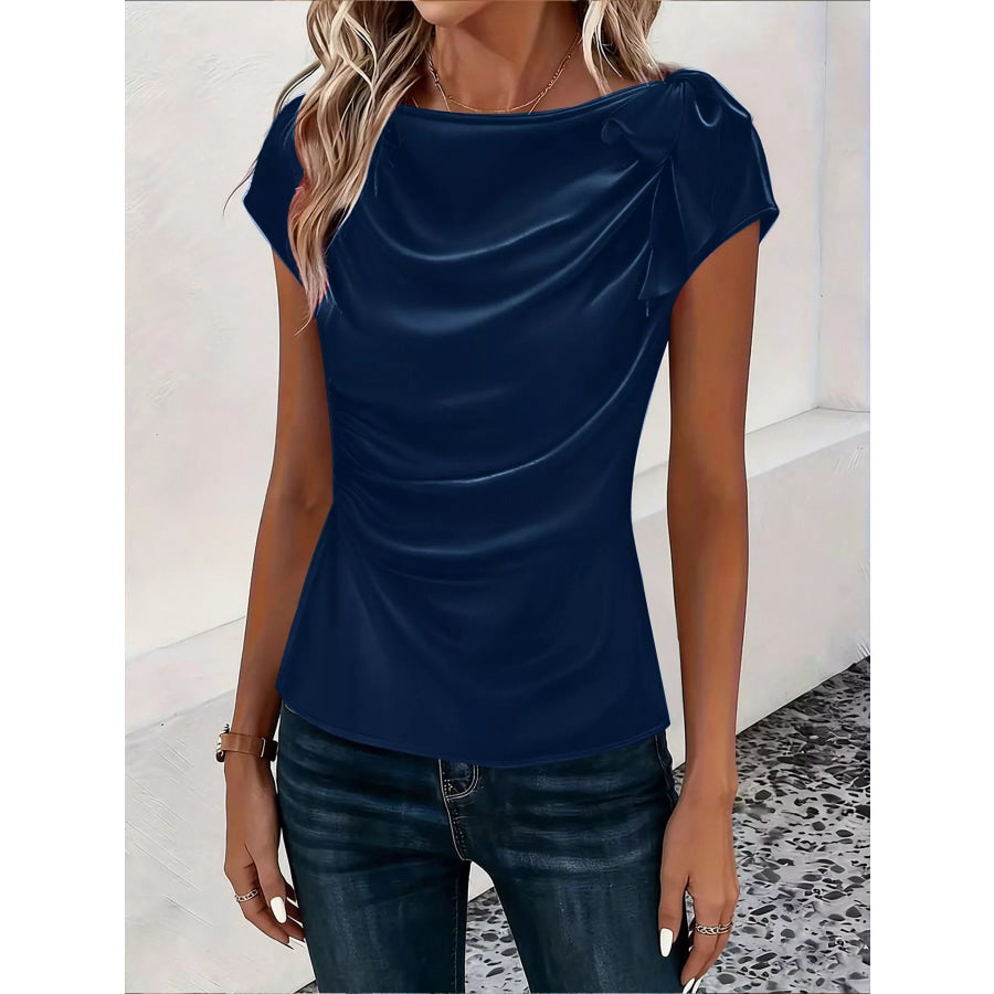 Ruched Short Sleeve Satin Top Navy / S Apparel and Accessories