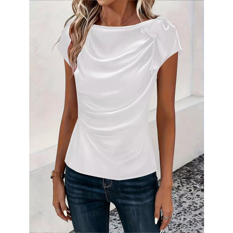 Ruched Short Sleeve Satin Top White / S Apparel and Accessories
