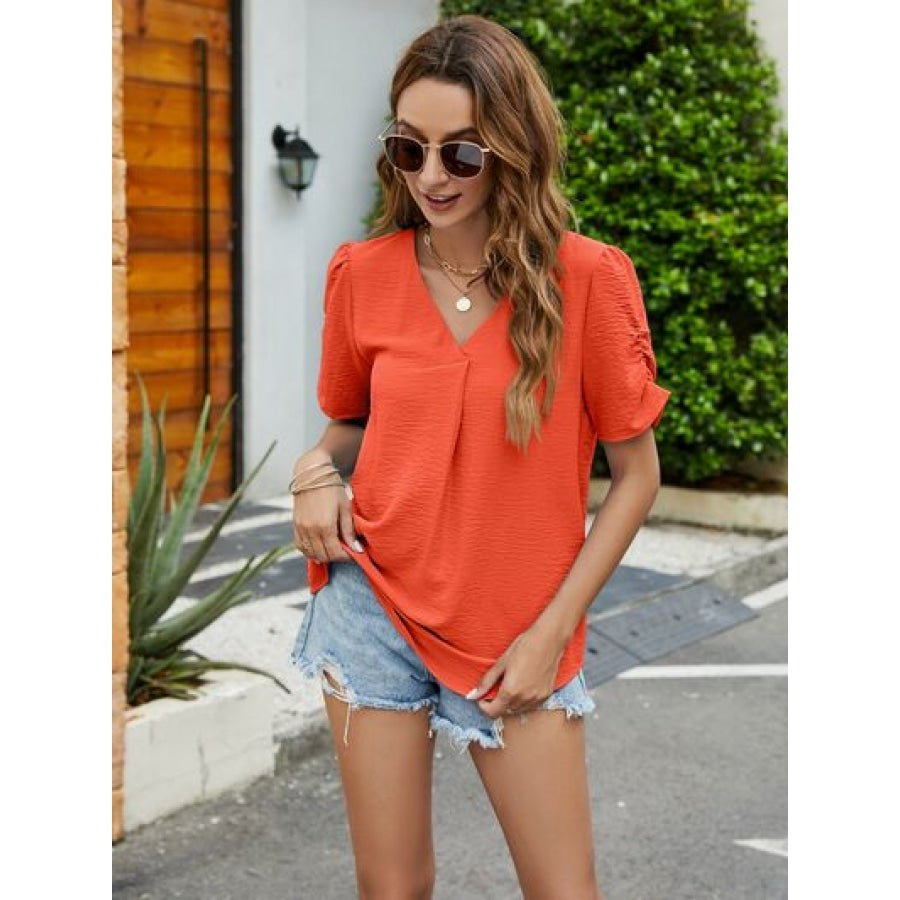 Ruched Short Sleeve V-Neck Blouse Apparel and Accessories