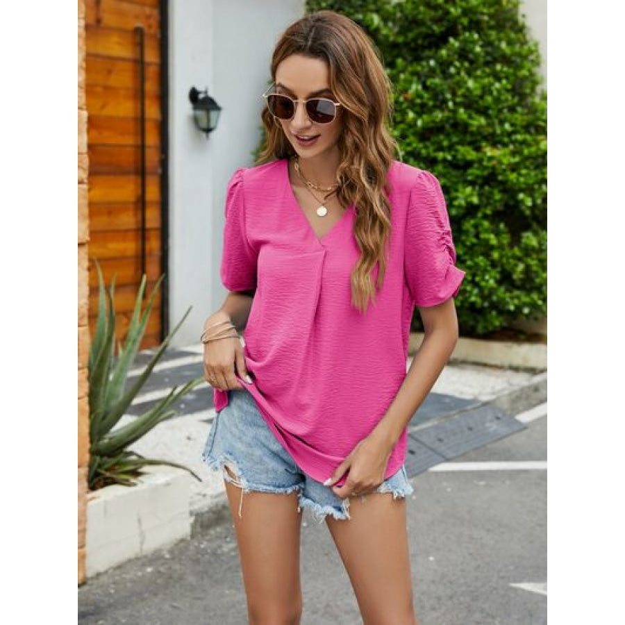 Ruched Short Sleeve V-Neck Blouse Apparel and Accessories