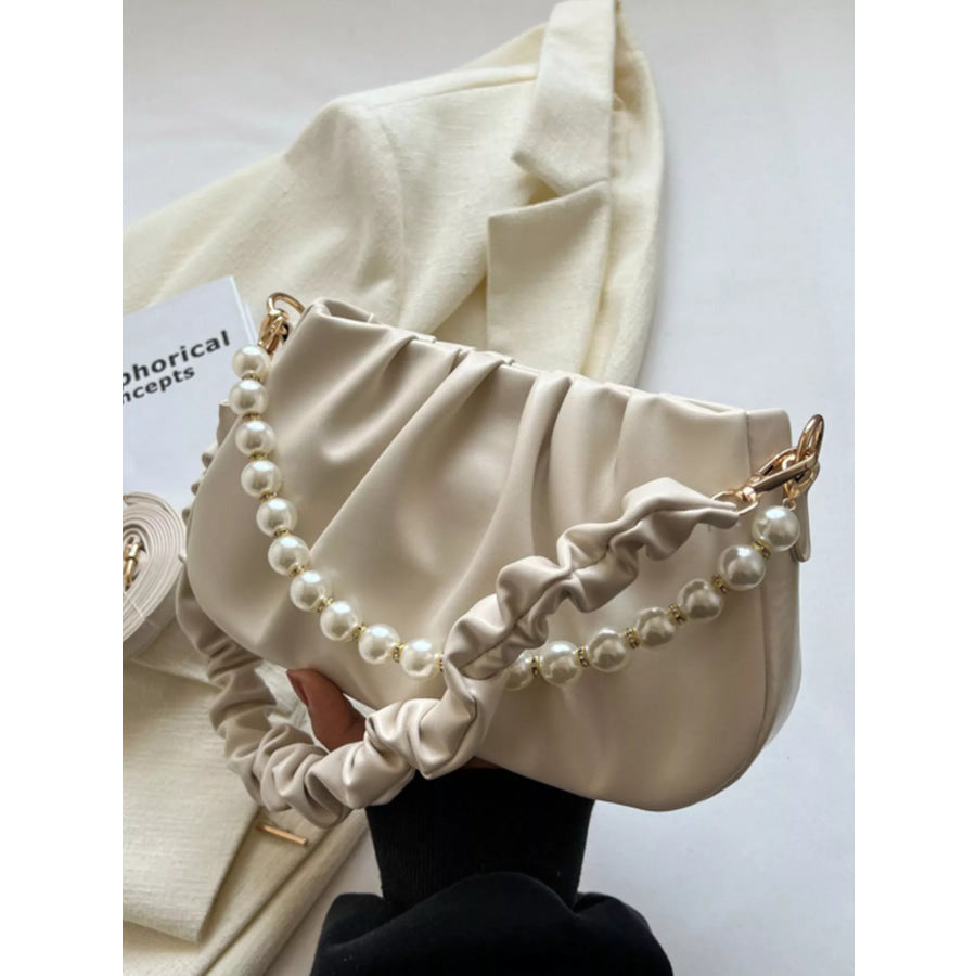 Ruched Shoulder Bag with Pearl Embellishment Apparel and Accessories
