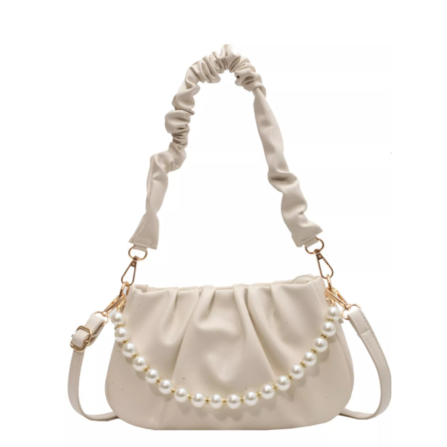 Ruched Shoulder Bag with Pearl Embellishment Apparel and Accessories
