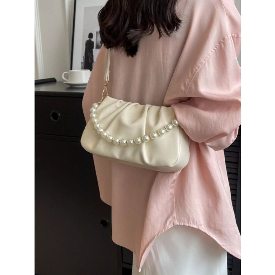 Ruched Shoulder Bag with Pearl Embellishment Apparel and Accessories