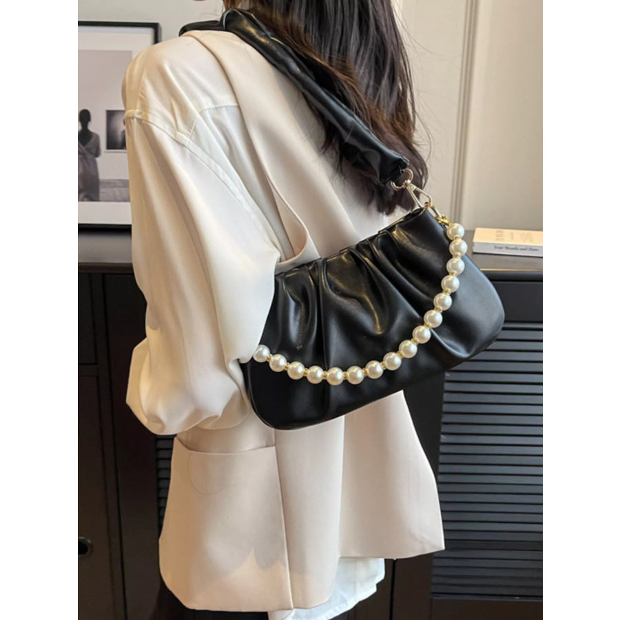 Ruched Shoulder Bag with Pearl Embellishment Black / onesize Apparel and Accessories