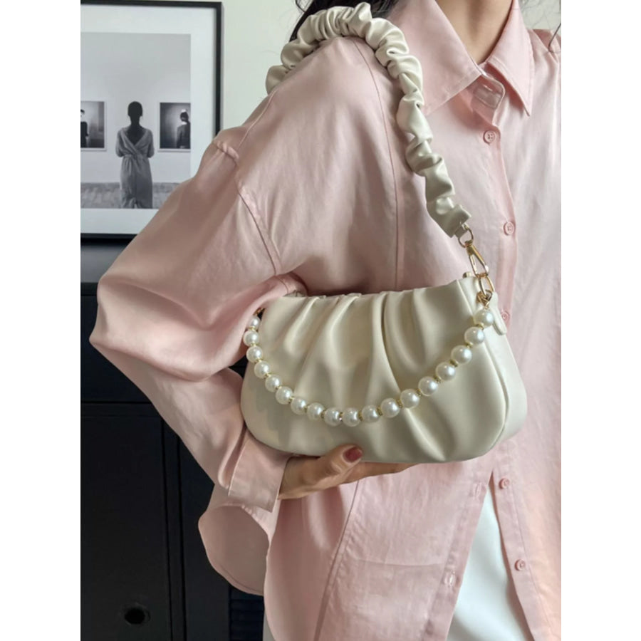 Ruched Shoulder Bag with Pearl Embellishment Apparel and Accessories
