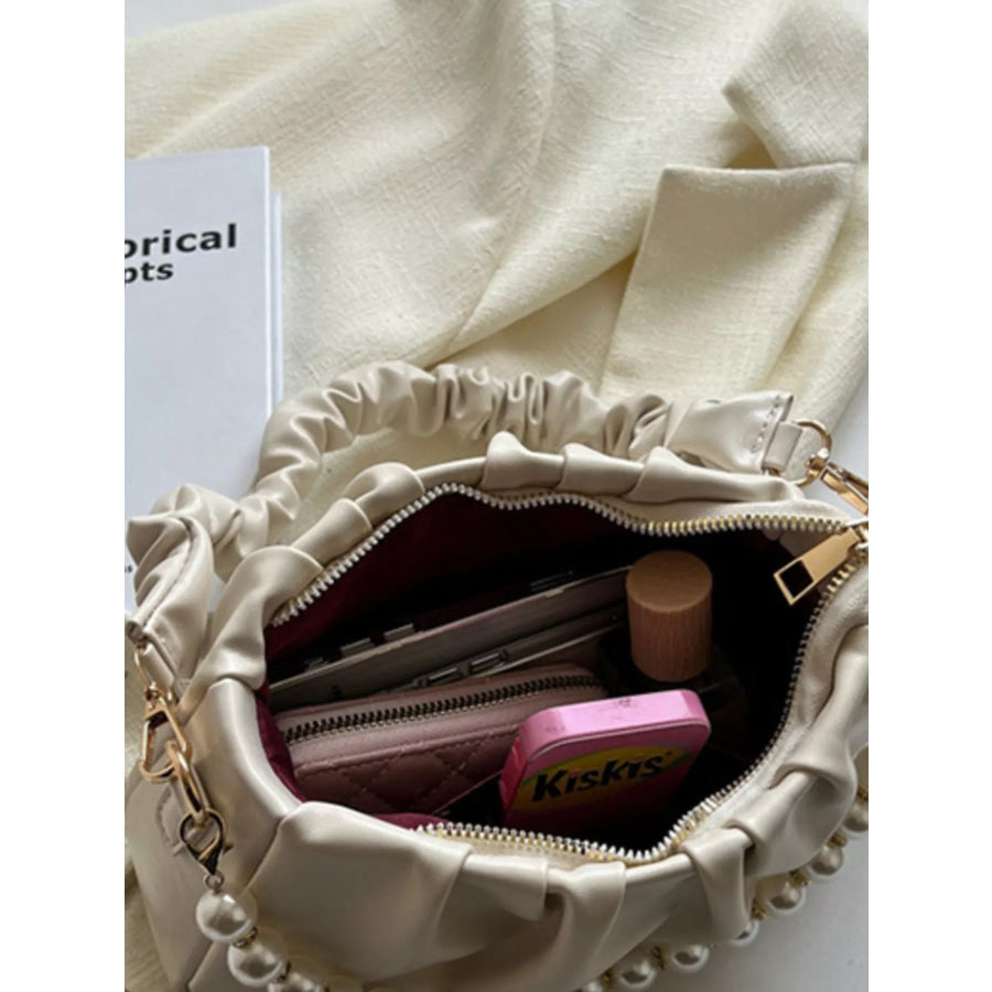 Ruched Shoulder Bag with Pearl Embellishment Apparel and Accessories
