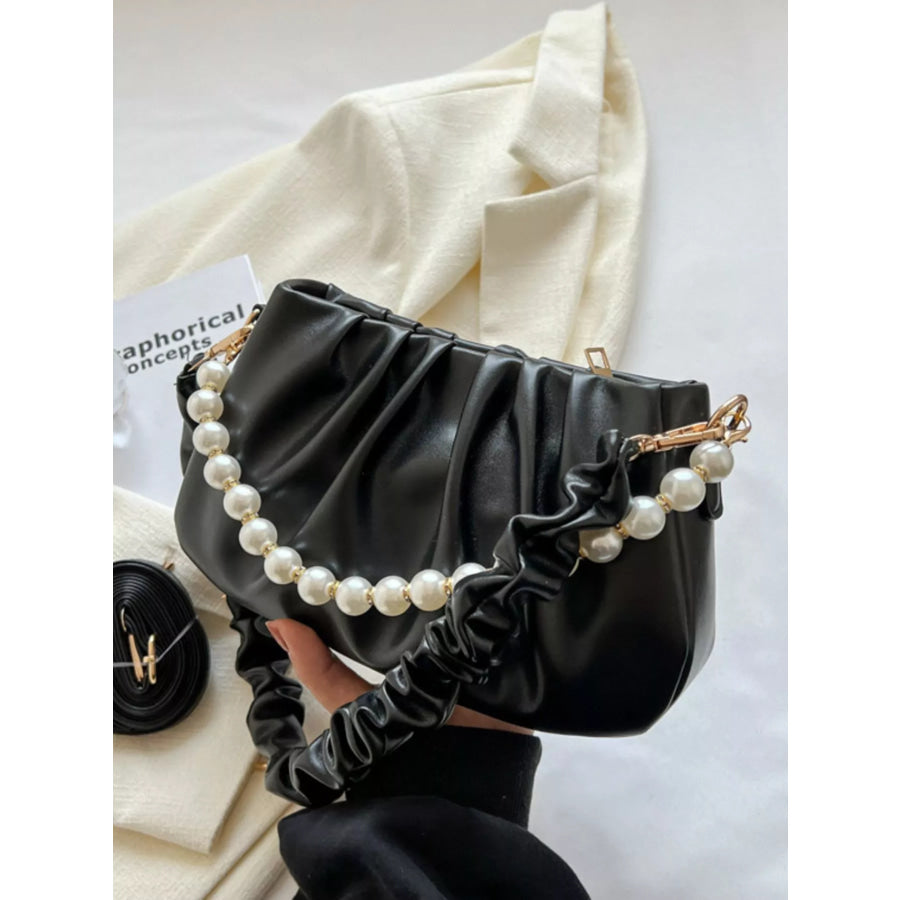 Ruched Shoulder Bag with Pearl Embellishment Apparel and Accessories