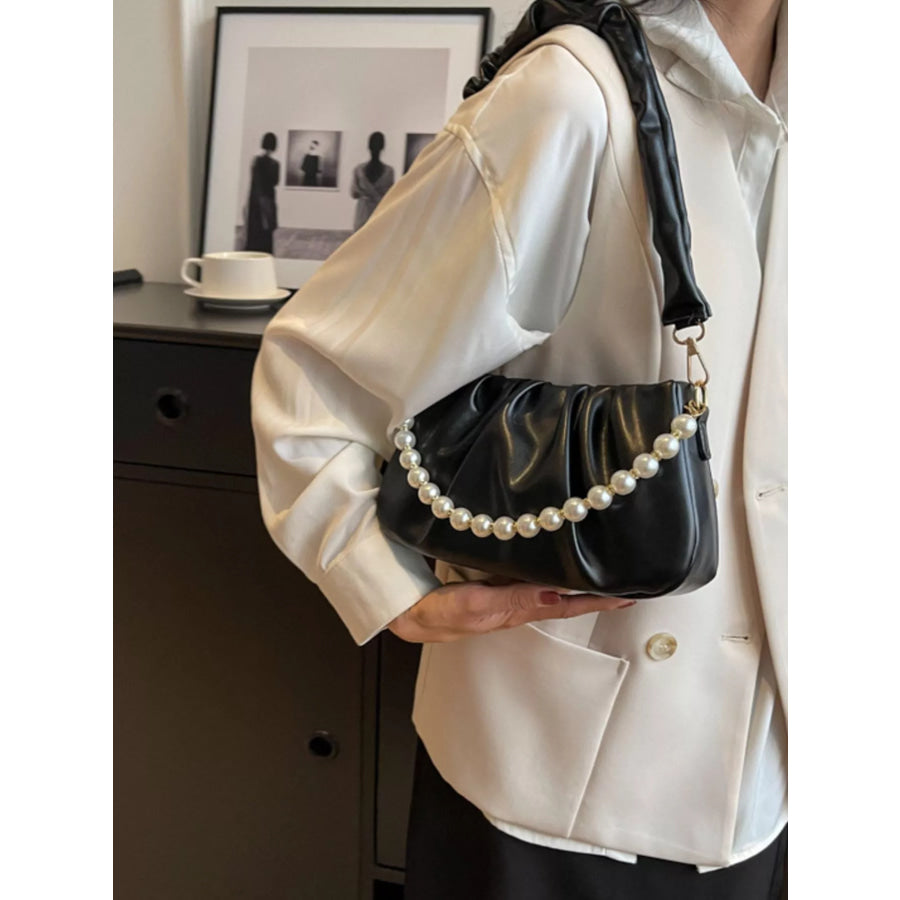 Ruched Shoulder Bag with Pearl Embellishment Black / onesize Apparel and Accessories
