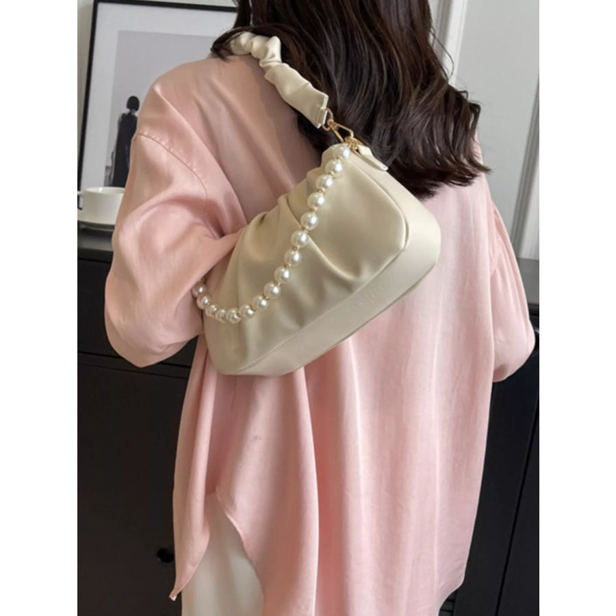 Ruched Shoulder Bag with Pearl Embellishment Creamy-white / onesize Apparel and Accessories