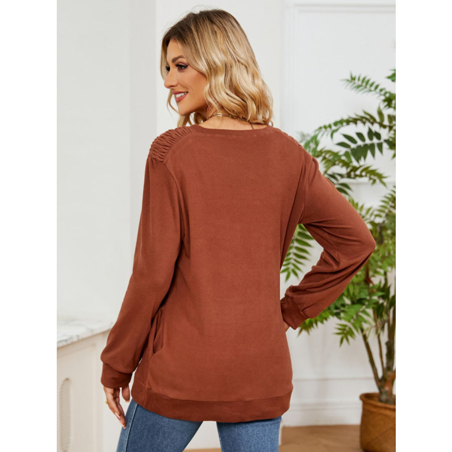Ruched Shoulder Round Neck Long Sleeve Sweatshirt Caramel / S Apparel and Accessories