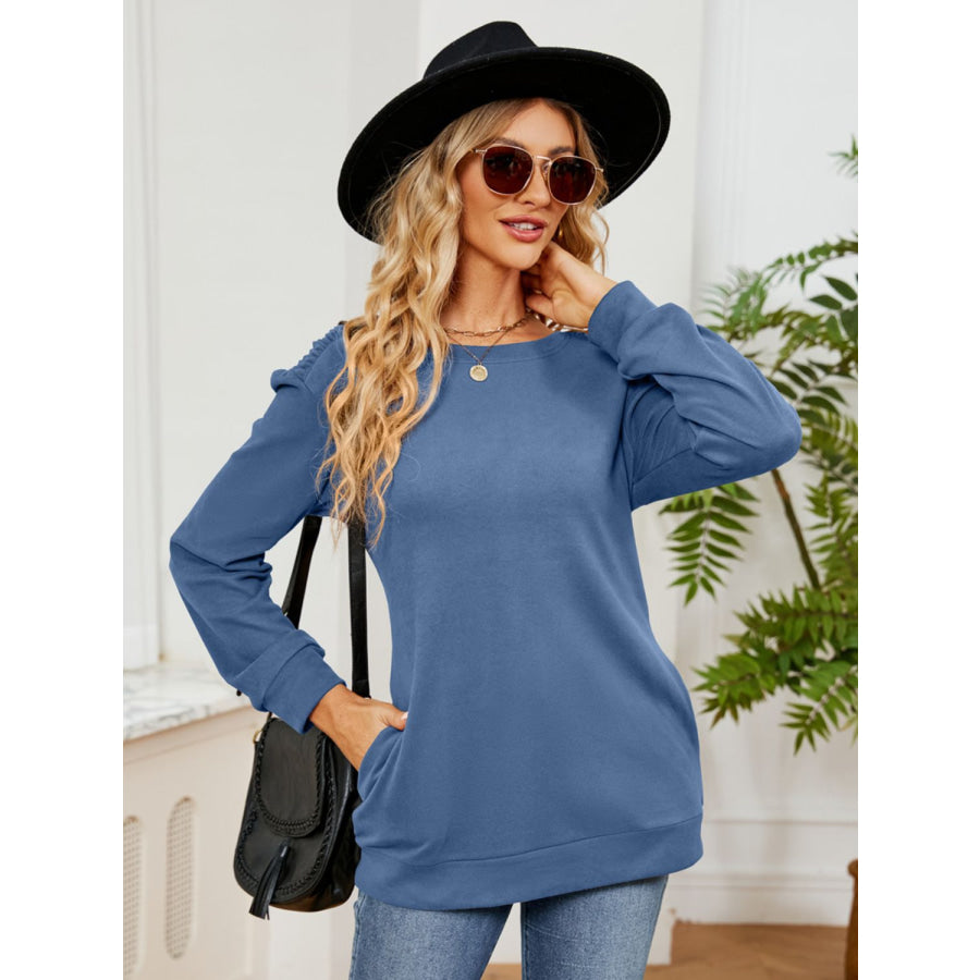 Ruched Shoulder Round Neck Long Sleeve Sweatshirt Apparel and Accessories