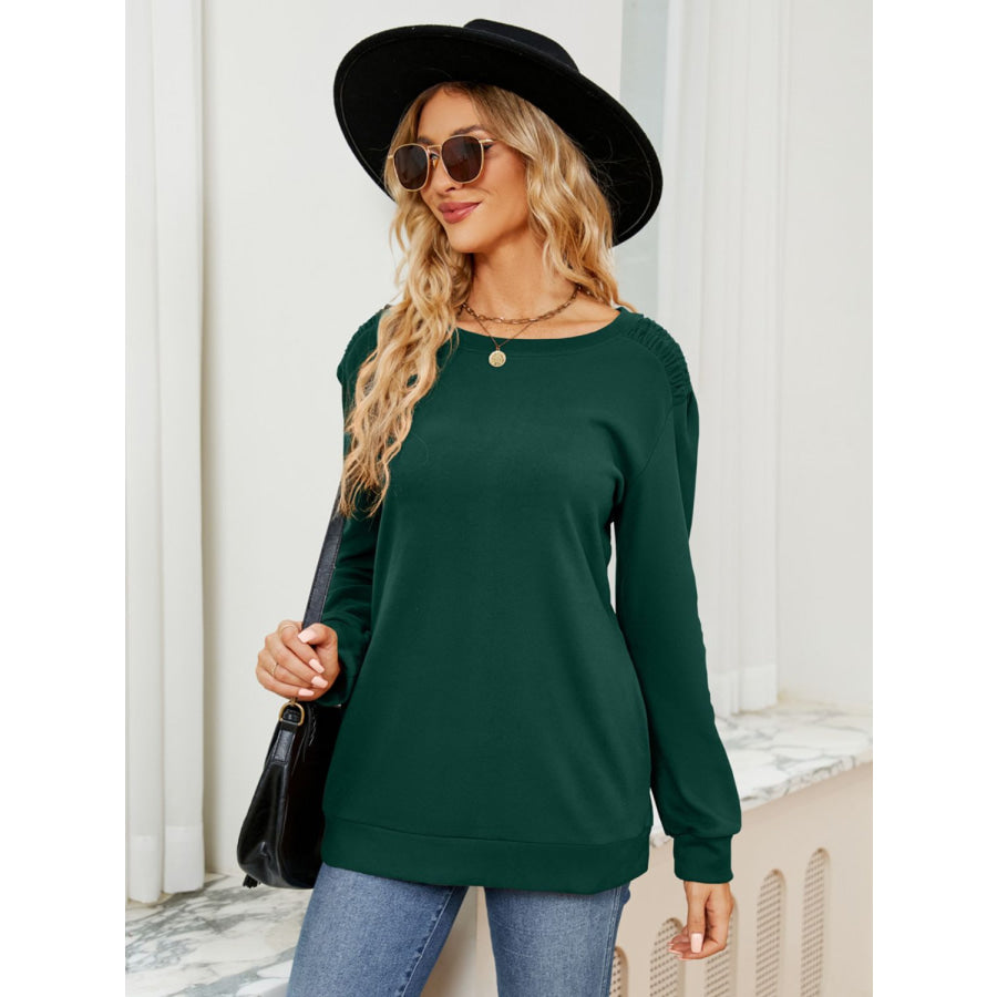 Ruched Shoulder Round Neck Long Sleeve Sweatshirt Apparel and Accessories