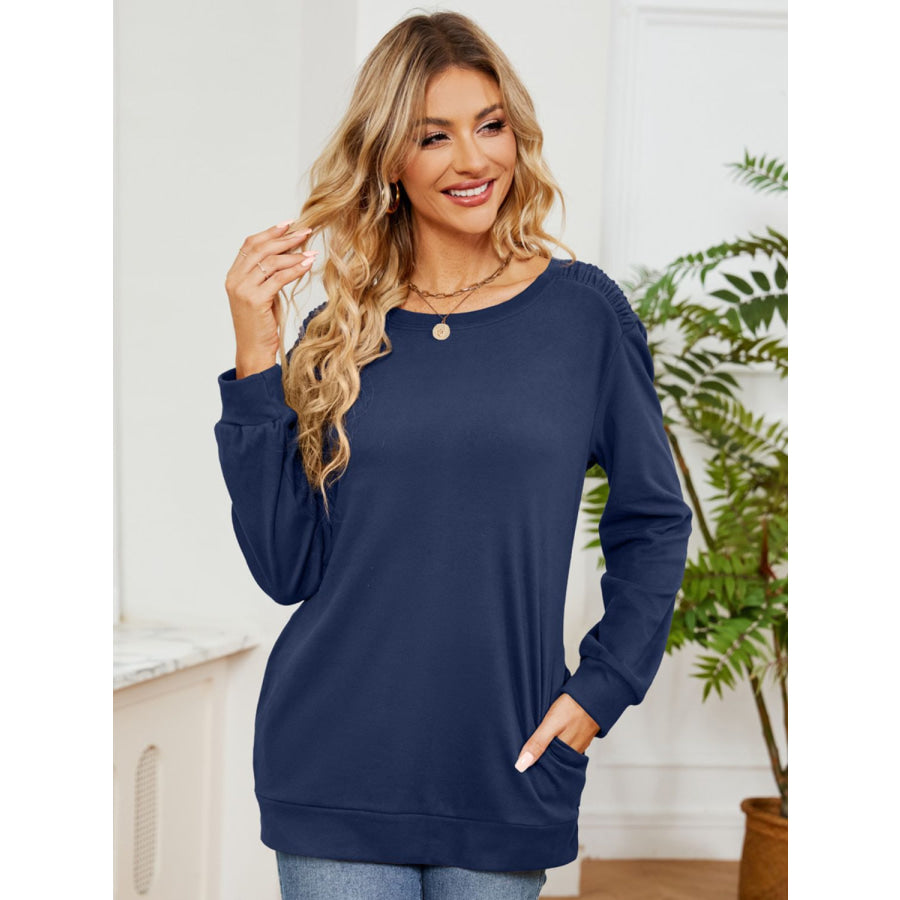 Ruched Shoulder Round Neck Long Sleeve Sweatshirt Apparel and Accessories