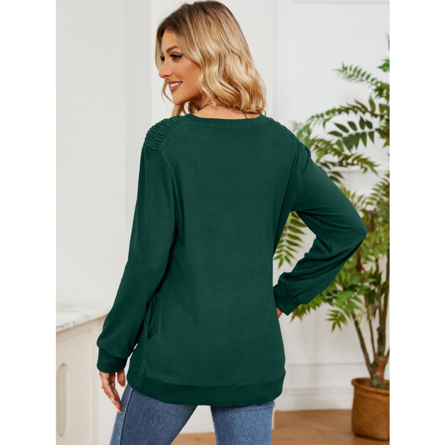 Ruched Shoulder Round Neck Long Sleeve Sweatshirt Apparel and Accessories