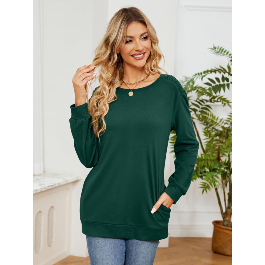 Ruched Shoulder Round Neck Long Sleeve Sweatshirt Apparel and Accessories