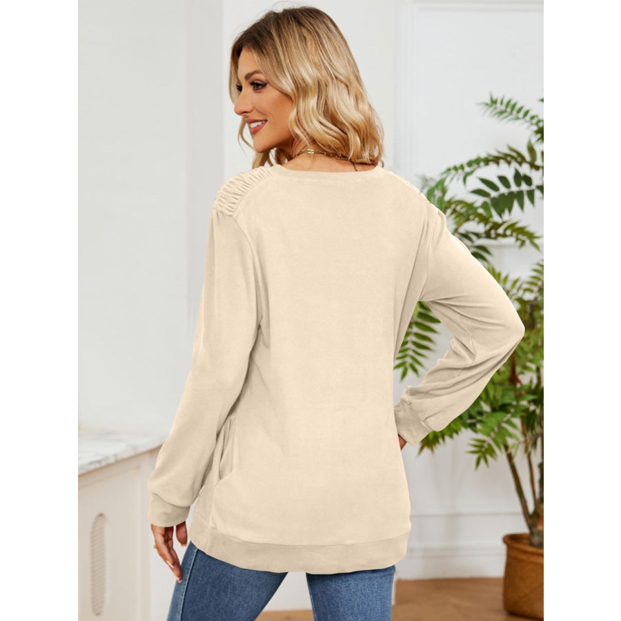 Ruched Shoulder Round Neck Long Sleeve Sweatshirt Apparel and Accessories