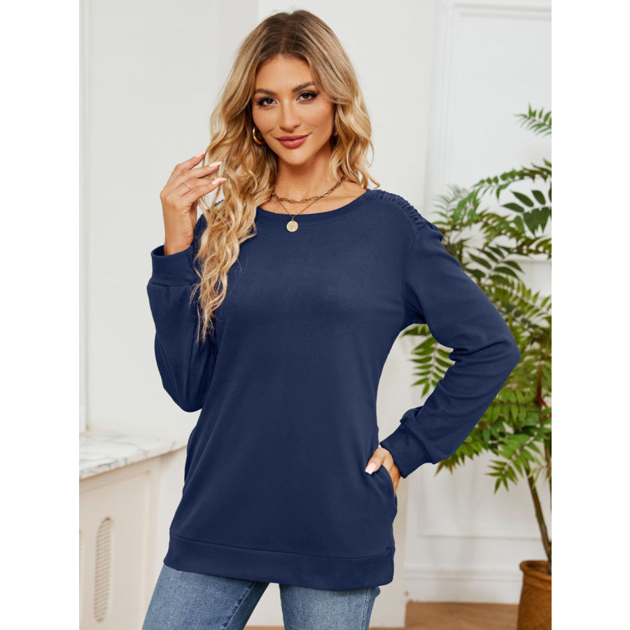 Ruched Shoulder Round Neck Long Sleeve Sweatshirt Apparel and Accessories