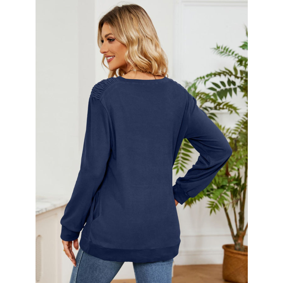 Ruched Shoulder Round Neck Long Sleeve Sweatshirt Apparel and Accessories