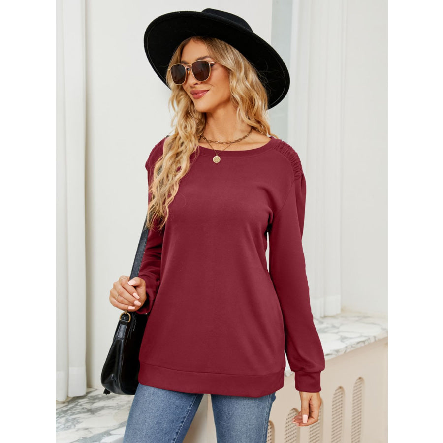 Ruched Shoulder Round Neck Long Sleeve Sweatshirt Apparel and Accessories