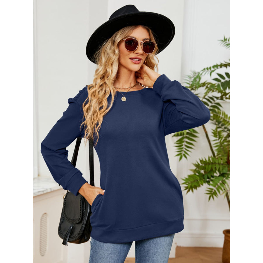 Ruched Shoulder Round Neck Long Sleeve Sweatshirt Apparel and Accessories