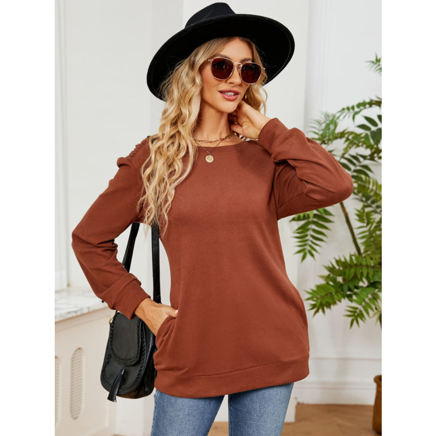 Ruched Shoulder Round Neck Long Sleeve Sweatshirt Apparel and Accessories