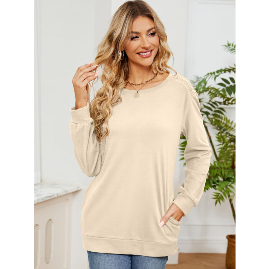 Ruched Shoulder Round Neck Long Sleeve Sweatshirt Apparel and Accessories